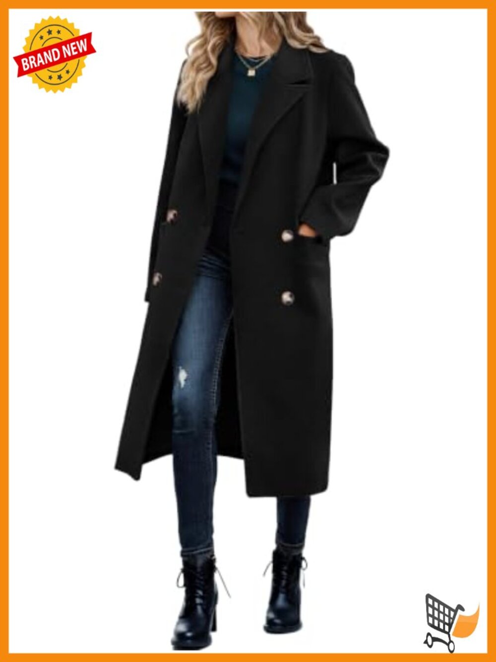 Women Double Breasted Pea Coat Long Trench Overcoat Pockets Work